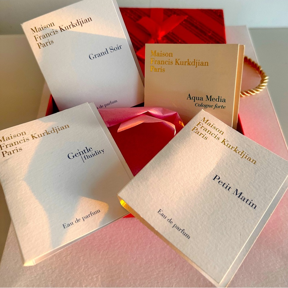 Maison Francis Kurkdjian perfume sample gift box. Grand Soir, Gentle Fluidity